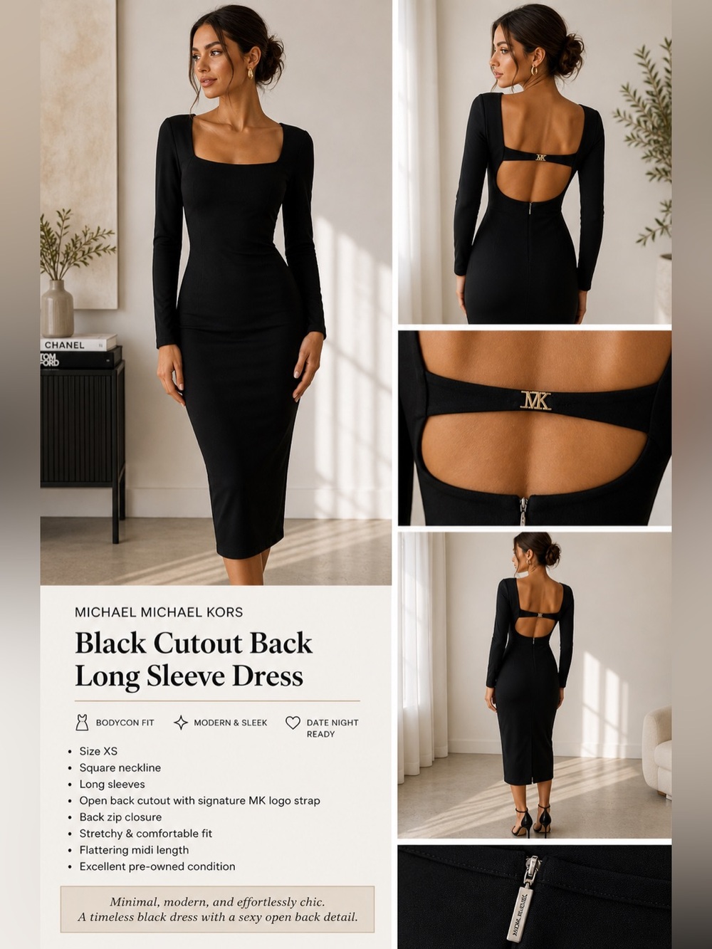Michael Kors Black Cutout Back Bodycon Midi Dress XS Square Neck Minimal Chic